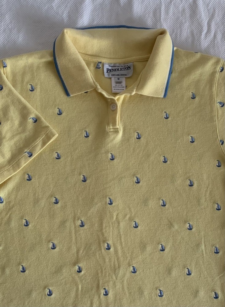 Pendleton Woman's M Polo Shirt Yellow Embroidered Sail Boat Short Sleeve Cotton