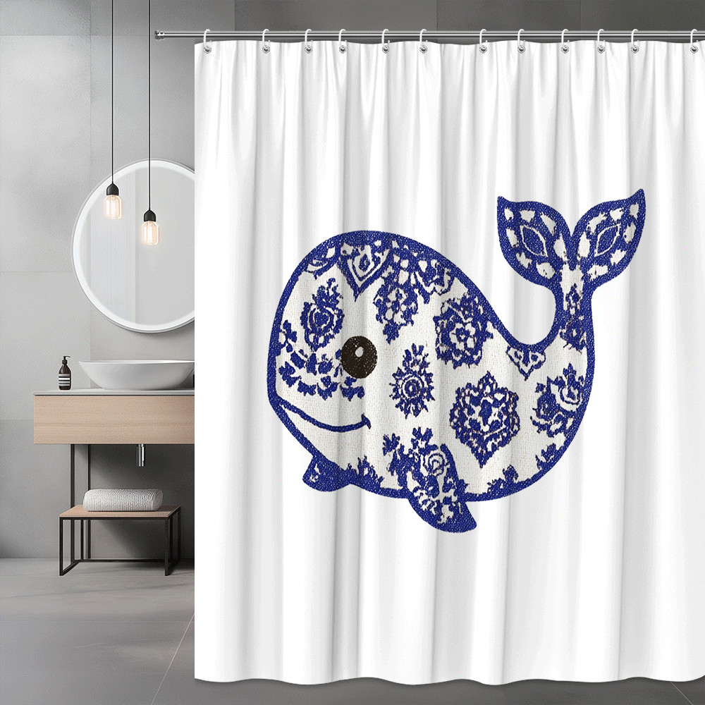 Blue Floral Whale Shower Curtain, Cute Ocean Animal Print