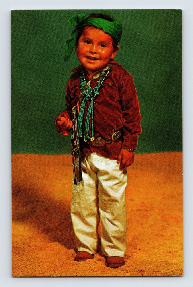 Vintage Navajo Indian Boy Postcard Turquoise Necklace Silver Concho Belt