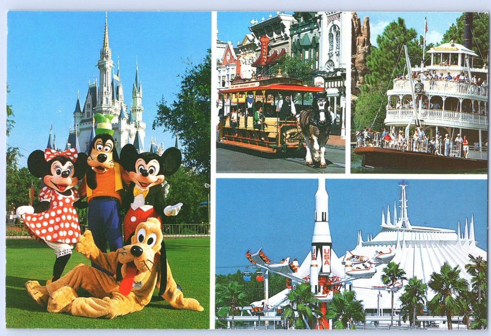 Disney Magic Kingdom Retro Postcard Featuring Liberty Belle Streetcar and Space Mountain