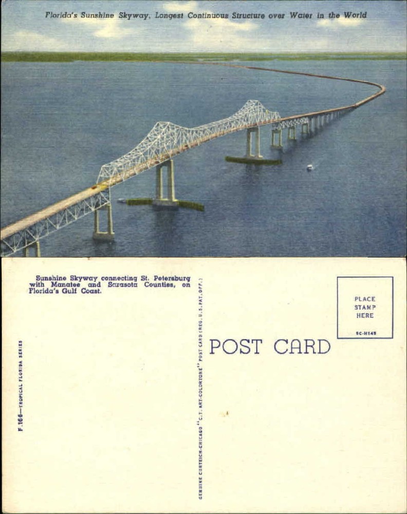 Floridas Sunshine Skyway Gulf of Mexico St Petersburg FL unused old postcard