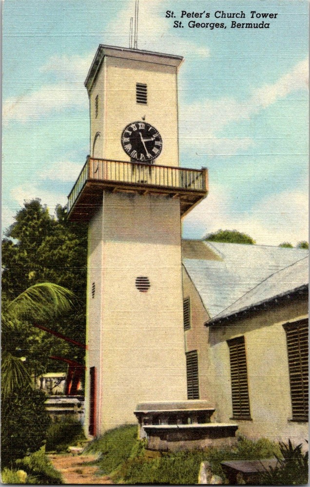 Dr Jim Stamps Postcard St Peters Church Tower St Georges Bermuda Linen