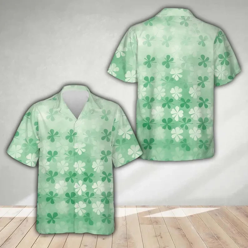 St Patricks Day Green Button Up Hawaiian Shirt with Shamrock Print