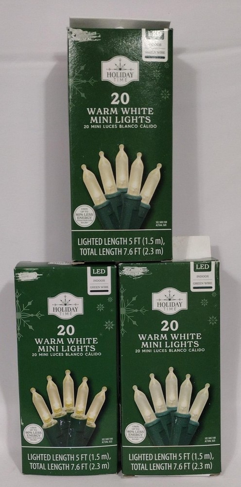 Lot Of 3 Holiday Time  Warm White LED Mini Green Wire Christmas Lights 20-Count