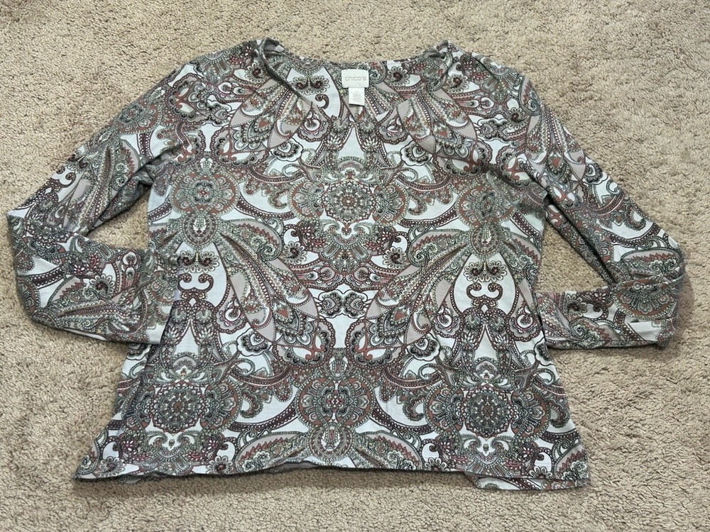 Chico's Womens Shirt Size 2 Multicolor Paisley Print Classic Casual Comfort