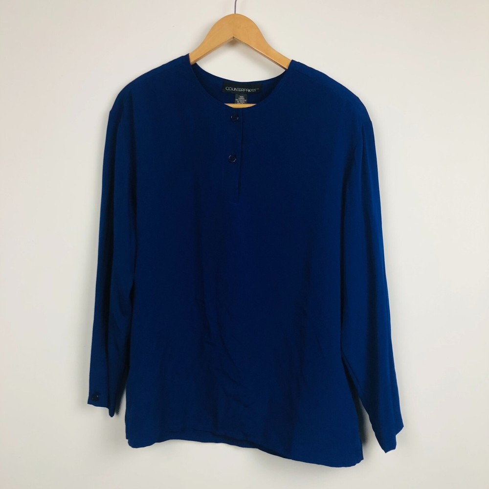 VTG Counterparts Women's Long Sleeve Blouse Shoulder Pads Solid Blue Size 14