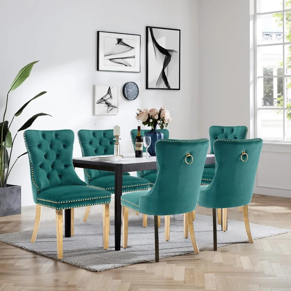 Luxury Velvet Dining Chair Set of 6 with Nailhead Trim and Gold-Plated Legs
