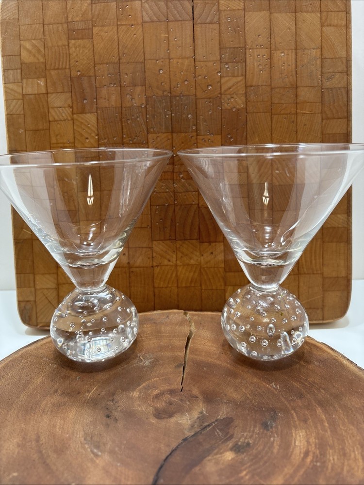 Vintage Round Glass Bubble Ball Base Stem Cosmo Martini Glasses  Hand Blown