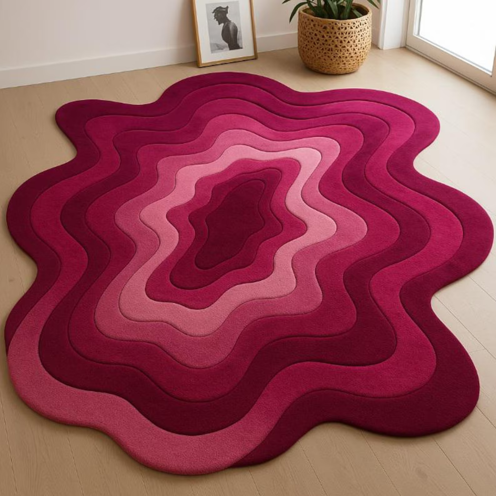 Modern Wavy Layered Rug | Pink & Maroon Abstract Carpet | 3D Organic Shape
