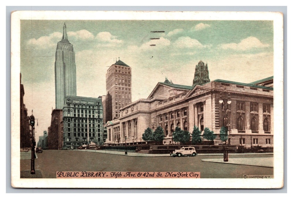 New York City Library 5th Avenue & 42nd Street White Border Postcard Posted 1937