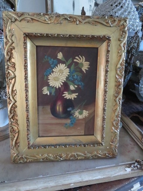 Old Floral OIL PAINTING White Daisies Petite Blue Flowers Original ORNATE FRAME