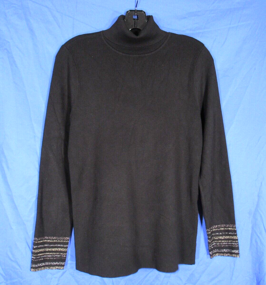 Nwt CHICO'S Black STRETCHY Rib Knit METALLIC CUFF Body-Hugging SWEATER 1 (US M)