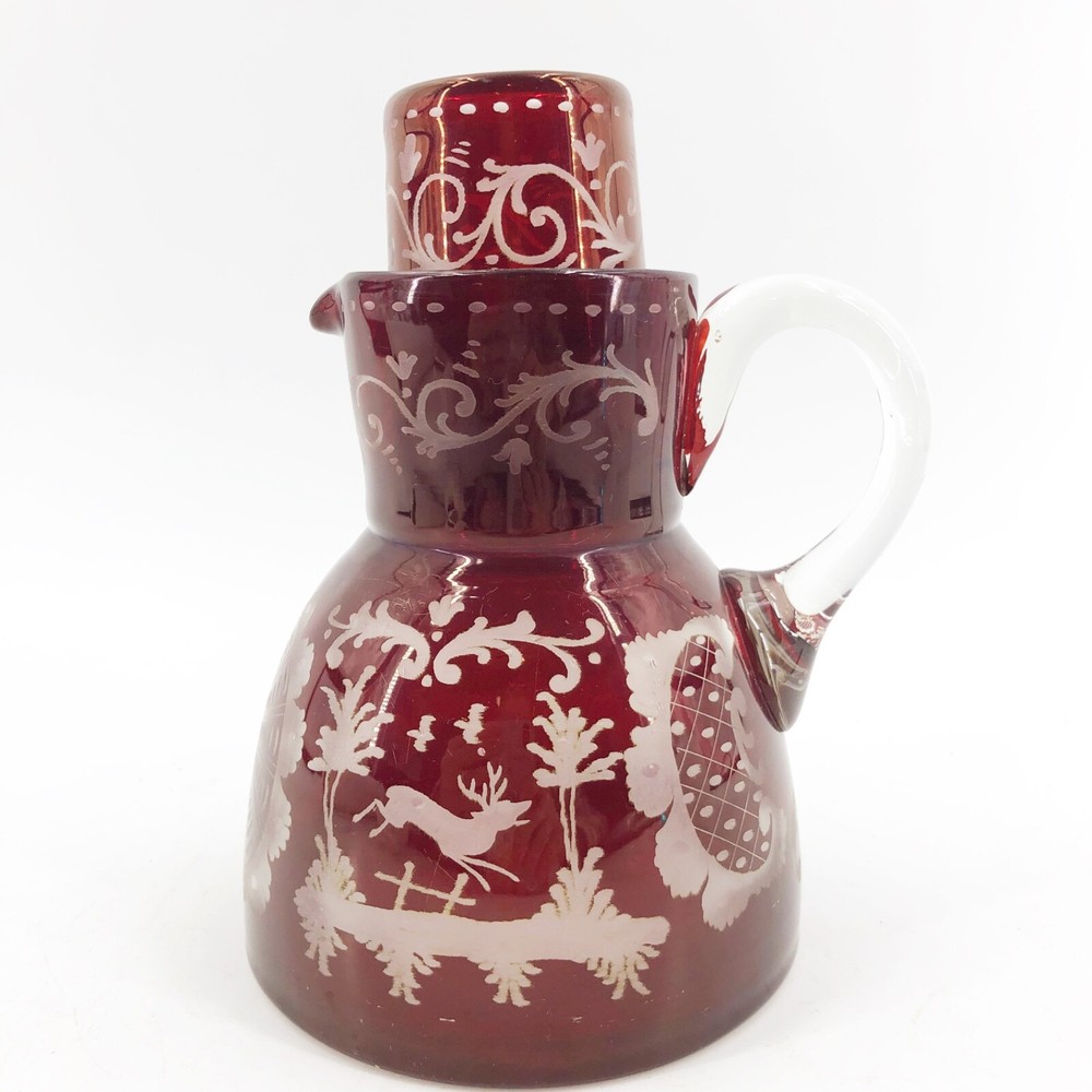 Rare Antique Czech Ruby Red Cut to Clear Decanter Glass Set Stag Dog Hunt Scene