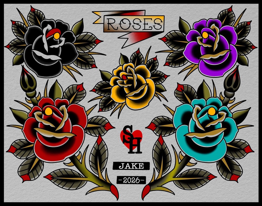 American Traditional Roses Tattoo Flash Print 11x14