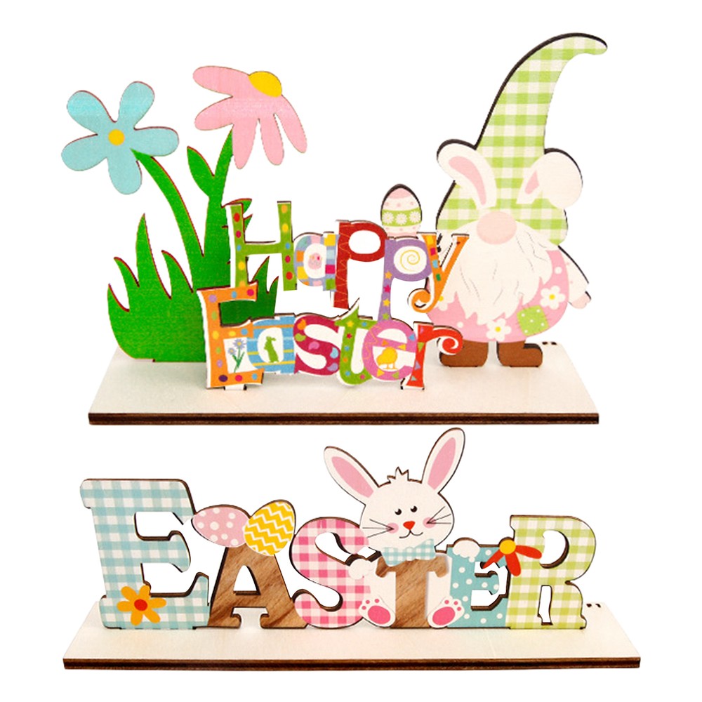Easter Egg Bunny Ornament Freestanding Table Wooden Sign Desktop Home Decoration