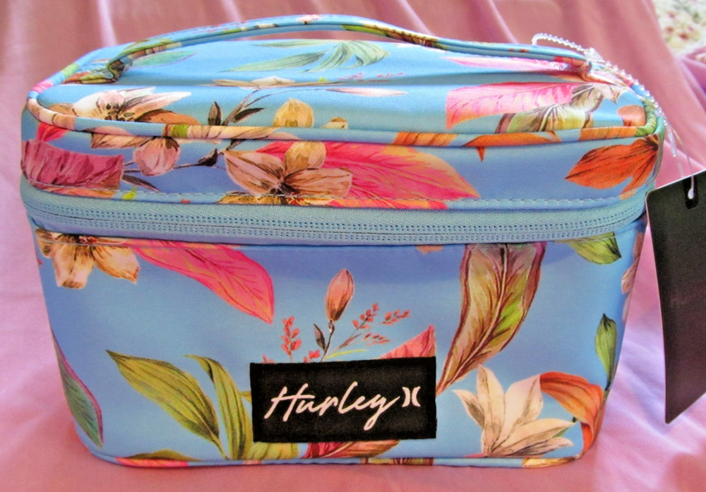 Hurley Tropical Floral Blue Travel Zipper Make-up Bag Train Case NWT