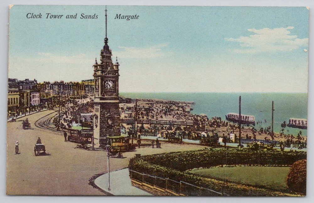 Margate Clock Tower & Sands Beach Postcard Edwardian Era UK Shore