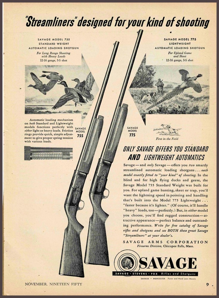 1950 SAVAGE Model 755 & 775 Shotgun PRINT AD