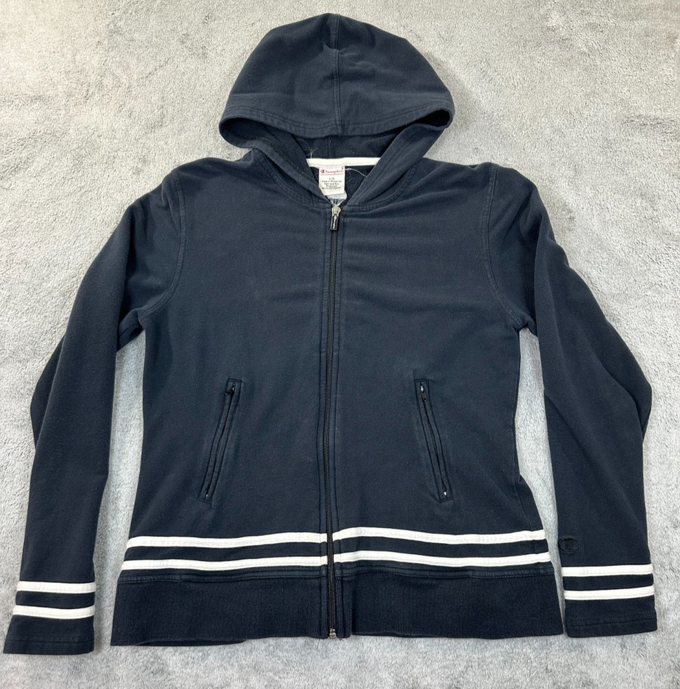 Vintage Y2K Champion Women’s Hoodie Large Black Zip Up Retro Striped Trim