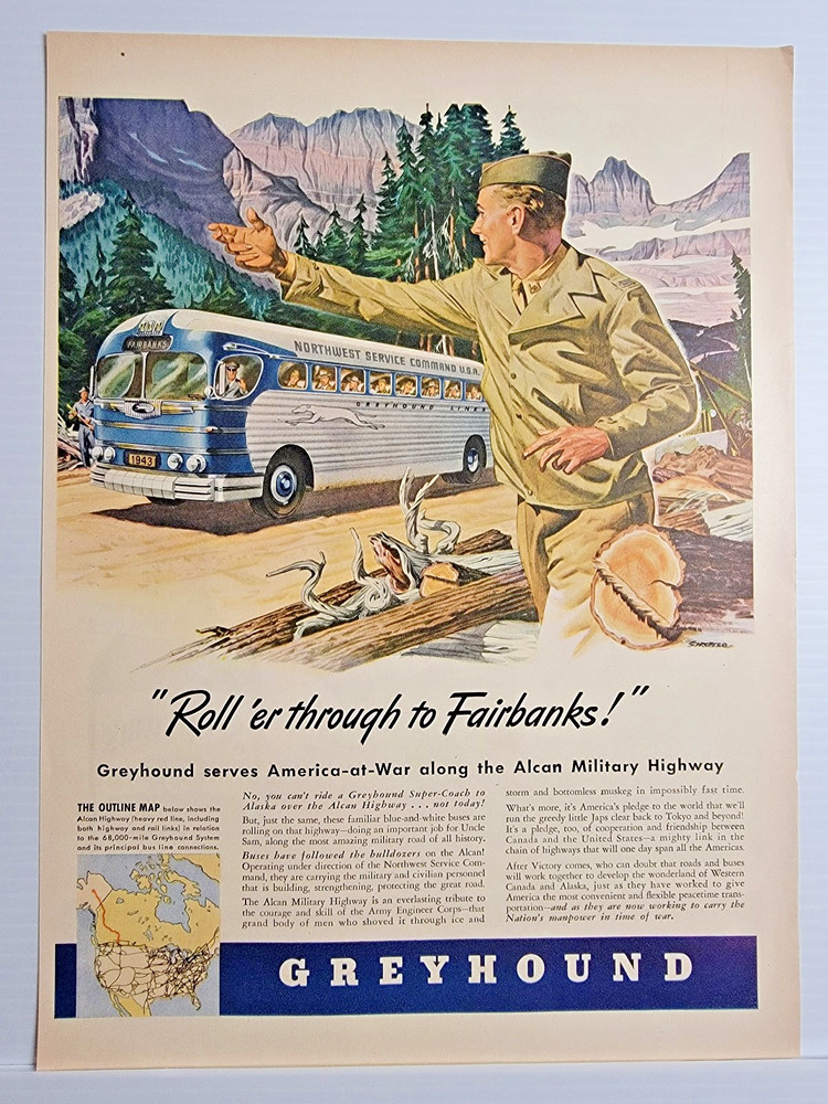 Vintage 1943 Greyhound Fairbanks Alaska U.S. Army WWII 11x14 ad