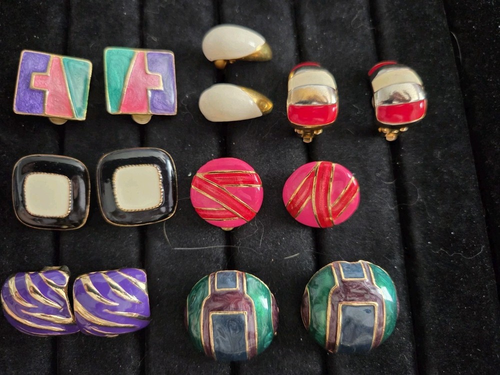 Vintage Enamel Earrings Lot QUALITY Clip On Heavy Gold Tone 70's 80's Chunky