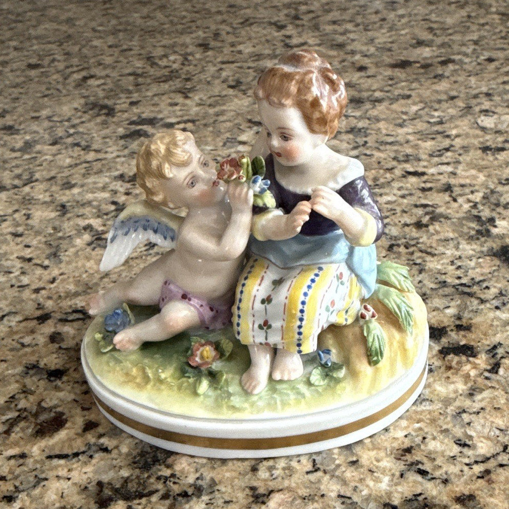Hand Painted Porcelain Figurine Girl w/ Cherub Angel, Glossy Oval