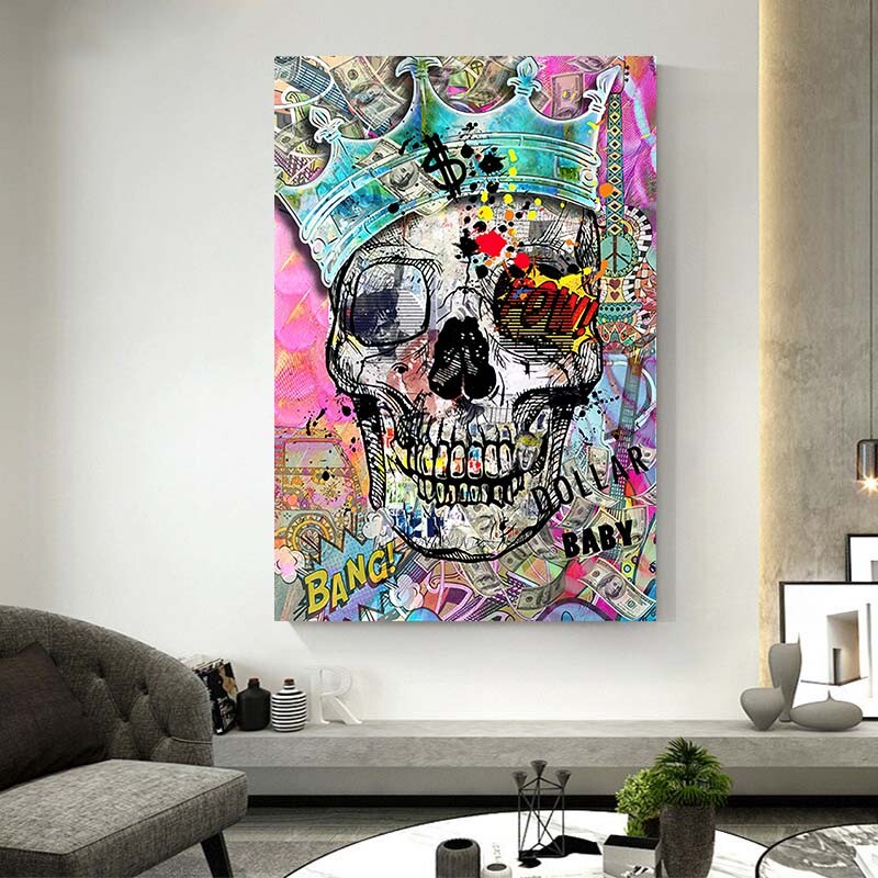 Abstract Skull Poster and Print Street Graffiti Art Canvas Painting Wall Picture-image