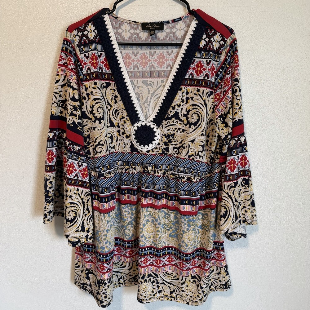 Boho Paisley Top Womens 1X Crochet V Neck Bell Sleeves Flowy Tunic Festival