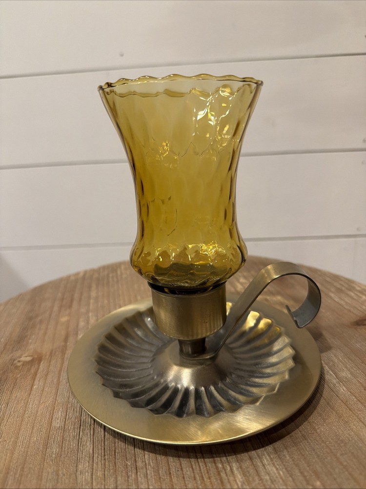 VTG MCM Amber Glass Hurricane Candle Holder Brass Sunburst Base 6” Base