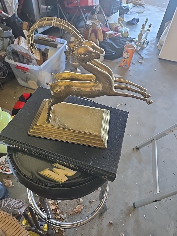 Vintage Brass Leaping Gazelles Impala Sculpture 10 Inch Tall Felt Bottom