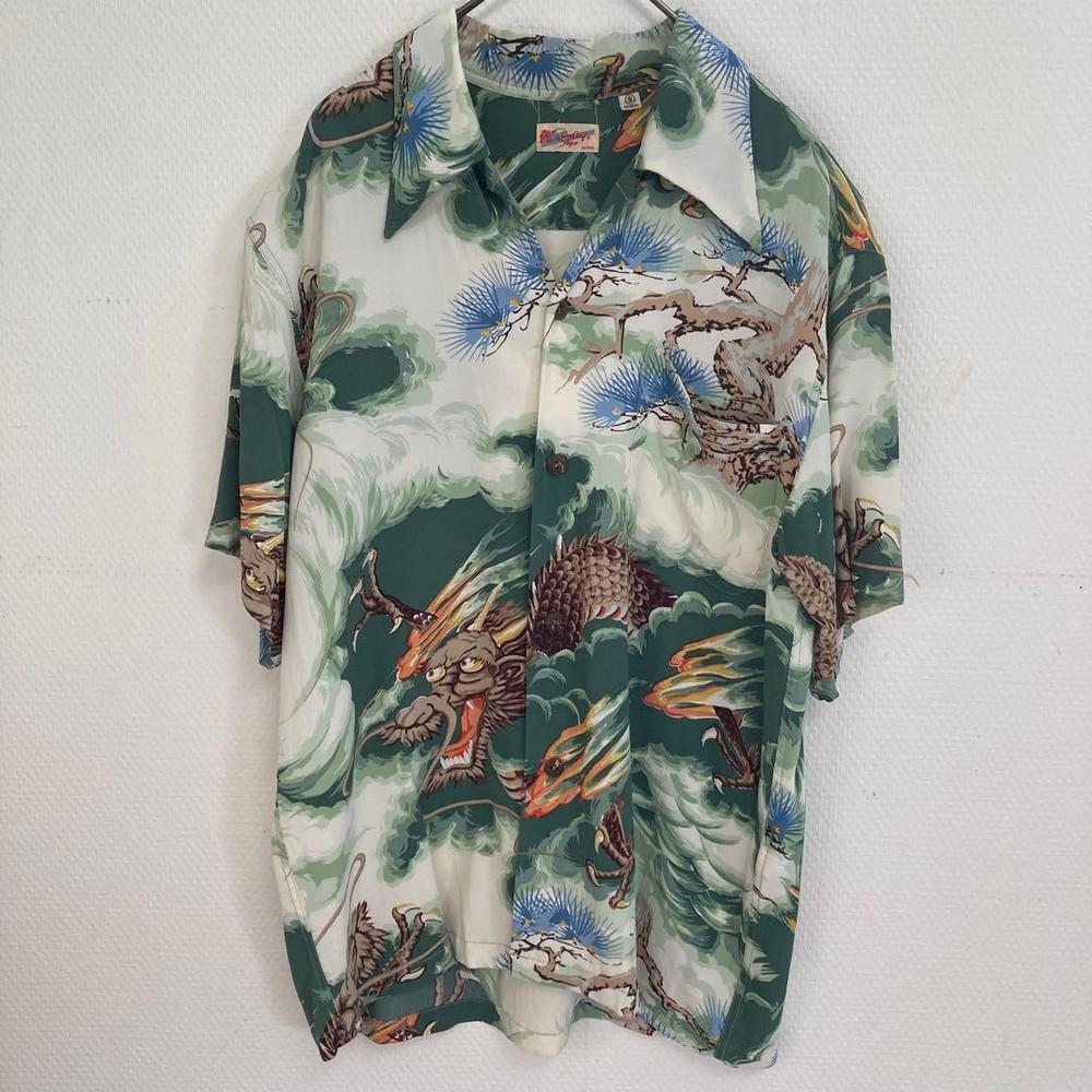SUN SURF Hawaiian Shirt DRAGON Japanese Pattern Green Rayon Aloha Toyo japan