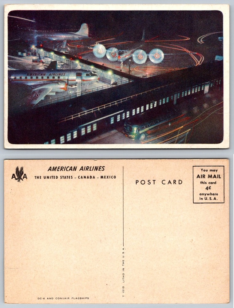 American Airlines Airport Night Scene Postcard DC-6 Convair Flagships Vintage
