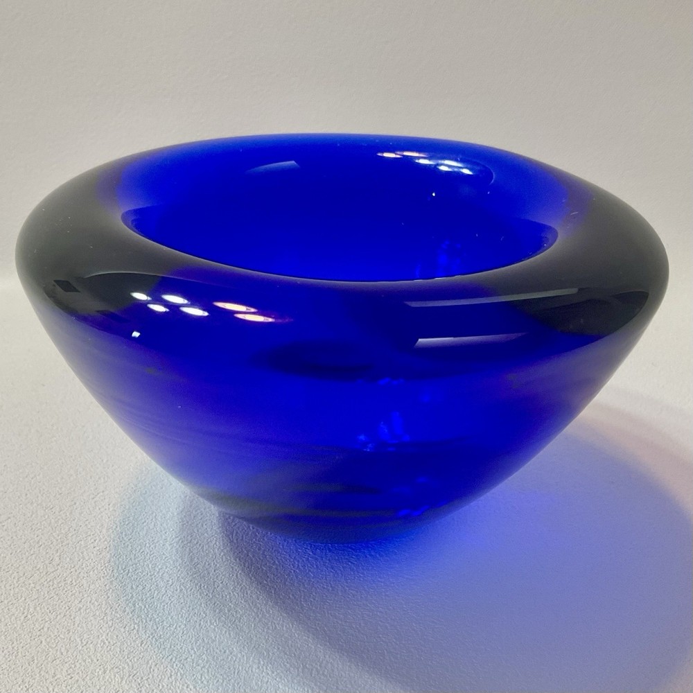 Kosta Boda Atoll Cobalt Blue Swirl Art Glass Bowl Votive Candle Holder Sweden