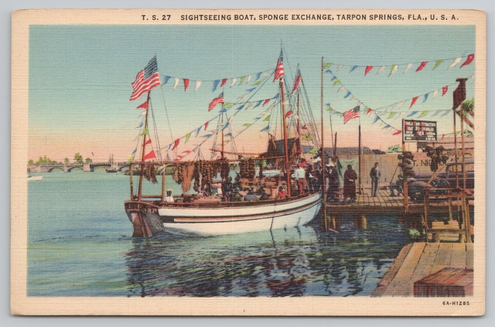 Sightseeing Boat Sponge Exchange Tarpon Springs Florida FL Postcard Linen