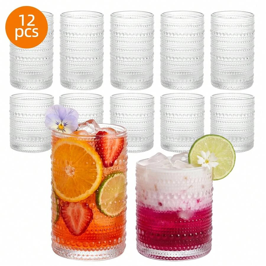 12pk Hobnail Drinking Glasses 12oz Highball 10oz Cocktail Set