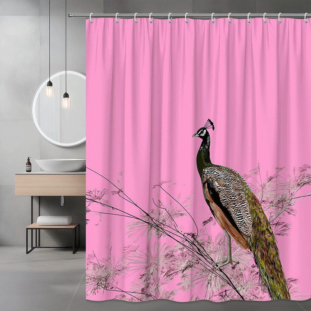Peacock Pink Shower Curtain Floral Bird Print