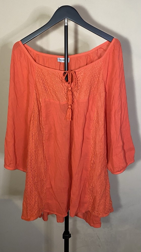 Catherines Womens Lace Crochet Gauze Tunic Top Size 2X Coral Boho Peasant Flowy