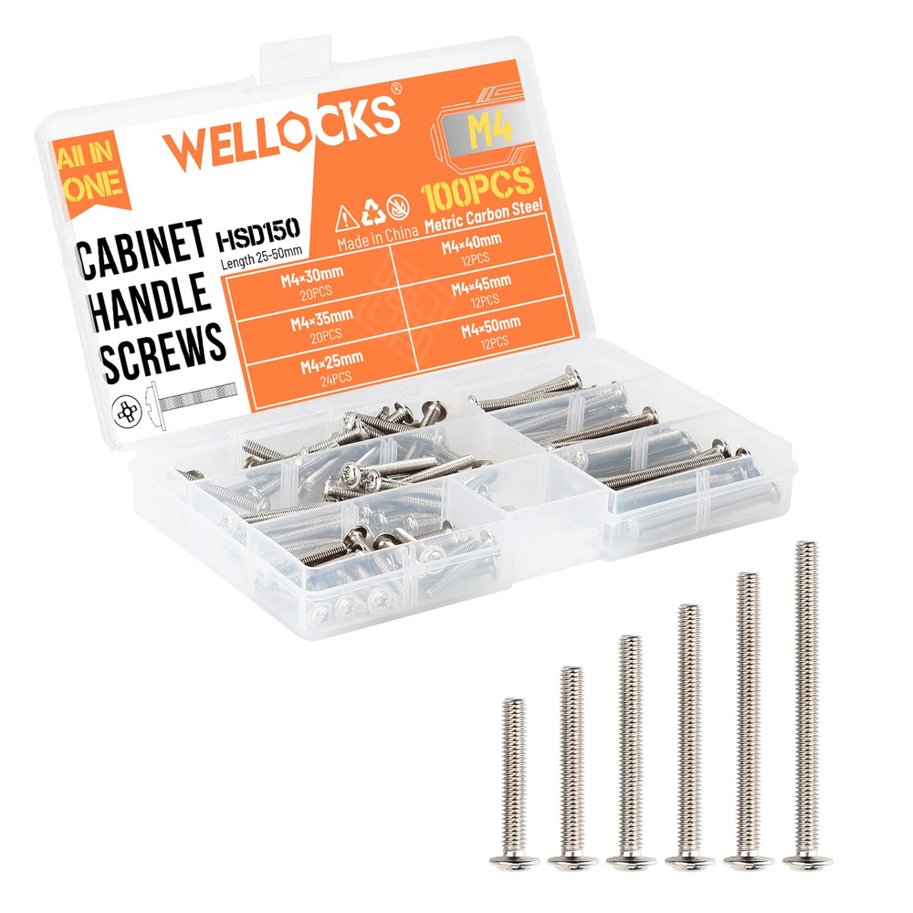 Cabinet Pulls Knobs Screws M4 25-50Mm 96 PCS Assortment Machine Screws Pan Washe