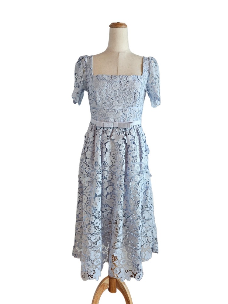 Self Portrait Light Blue Embroidered Floral Lace Midi Woman Dress