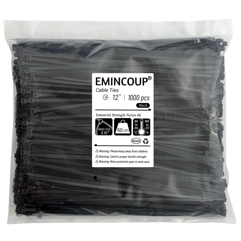 Heavy-Duty 12-Inch Black Zip Ties 1000-Pack 50 lbs Tensile Strength
