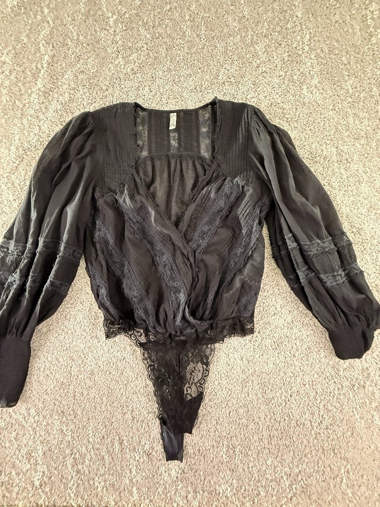 Free People Cotton Blouse Bodysuit Size XL Black Crochet Semi Sheer V Neck