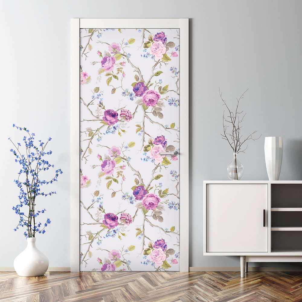 Violet rose floral texture bubble-free door decal in green and pink - large size