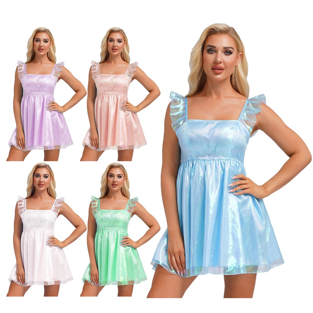 US Women Sleeveless Ruffle Sleeve Sparkly A-line Silky Satin Nightgown Sleepwear