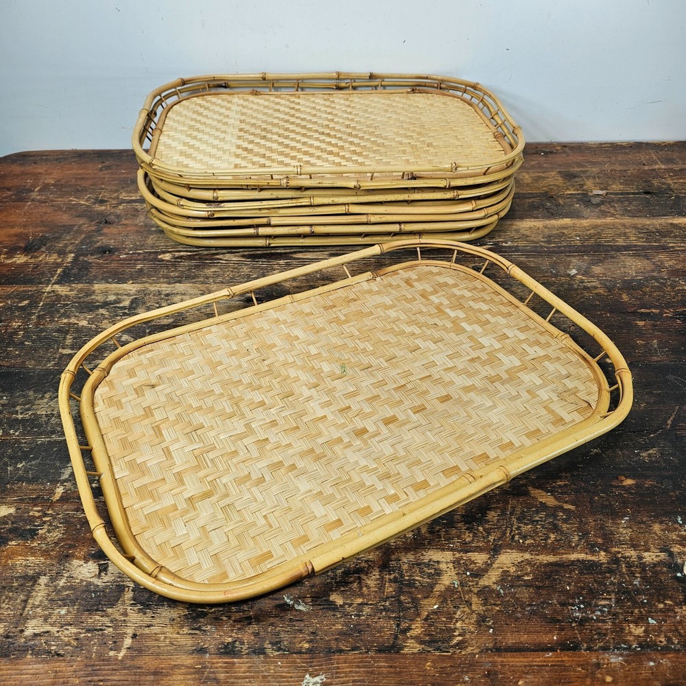 Set of 7 Vintage Bamboo Tray Woven Wicker Serving Tray Boho 19