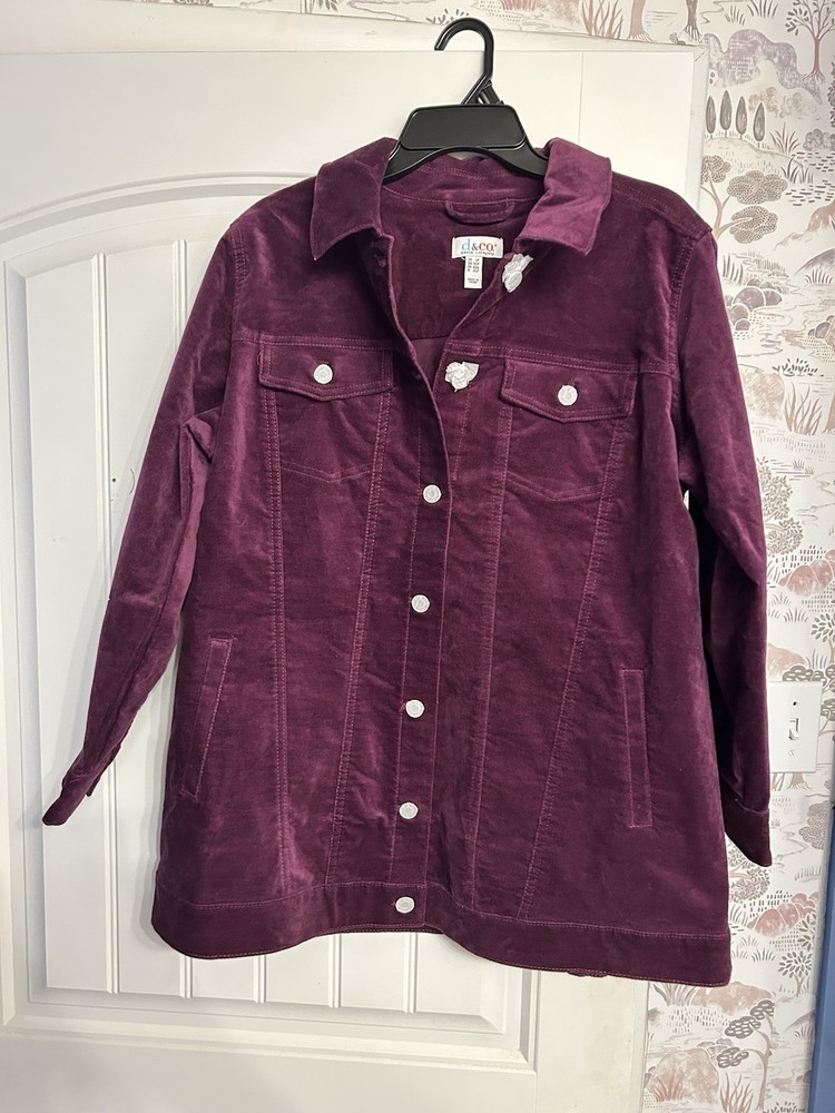 Denim & Co. Adaptive Stretch Velveteen Long Jacket Deep Wine Petite Size LP