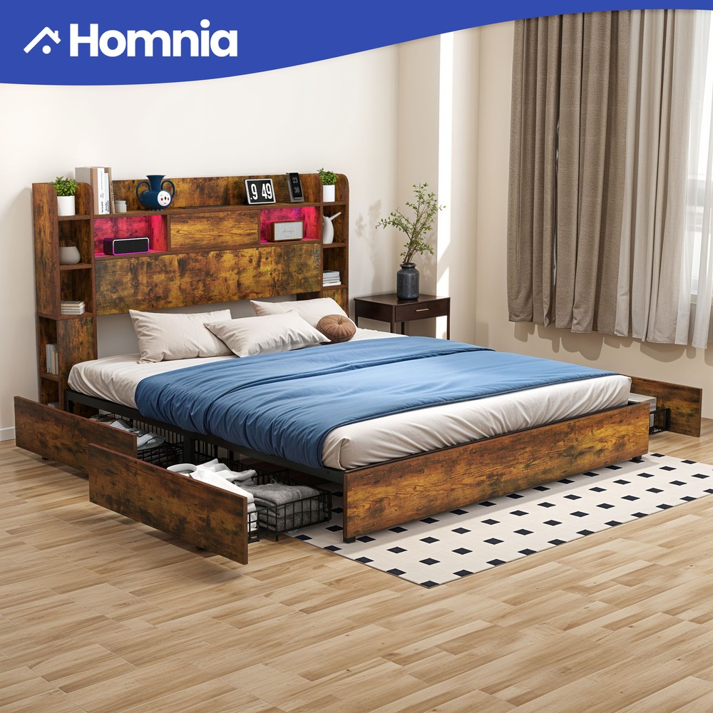 Sturdy Metal Bed Frame 89.7x61.4 with Headboard Storage and 4 Underbed Drawers