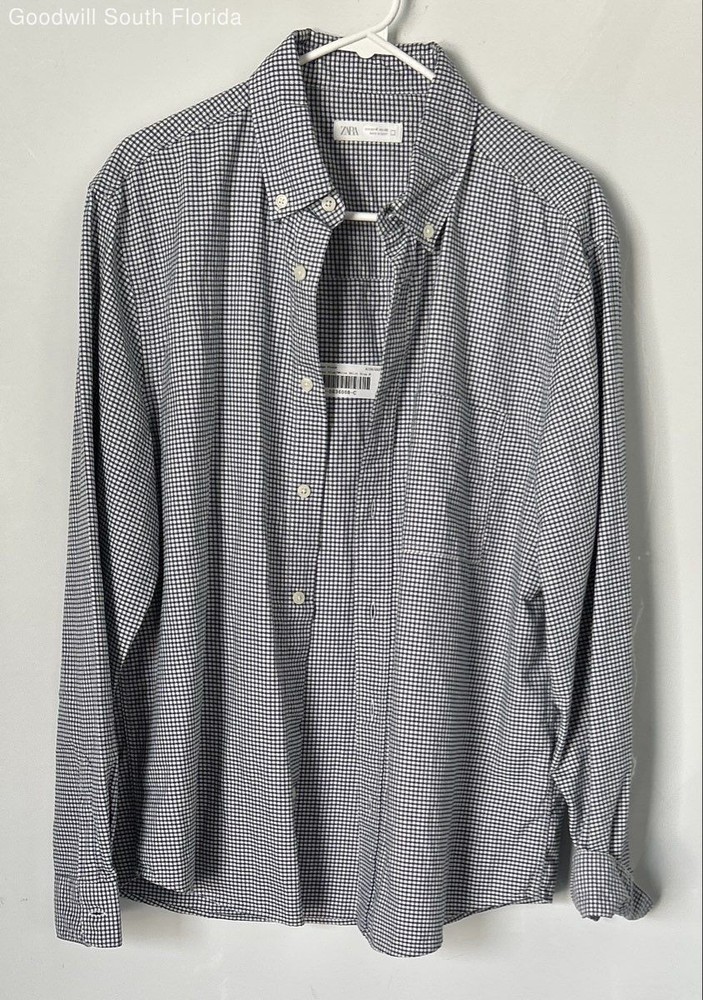 Zara Mens Blue White Check Cotton Long Sleeve Collared Button-Up Shirt Size M
