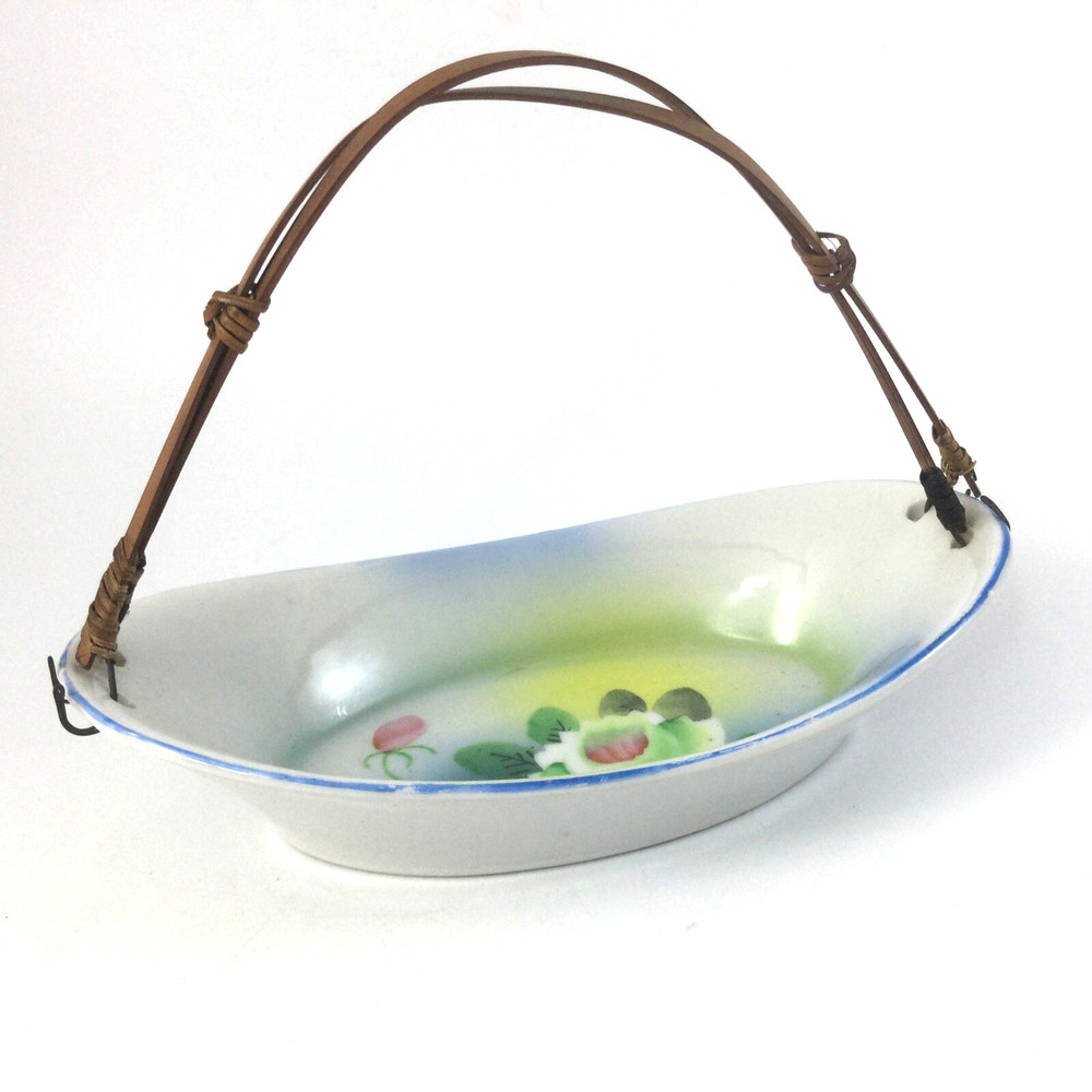 Vintage Trinket Ceramic Porcelain  Basket Dish Bowl Oval Floral Japan