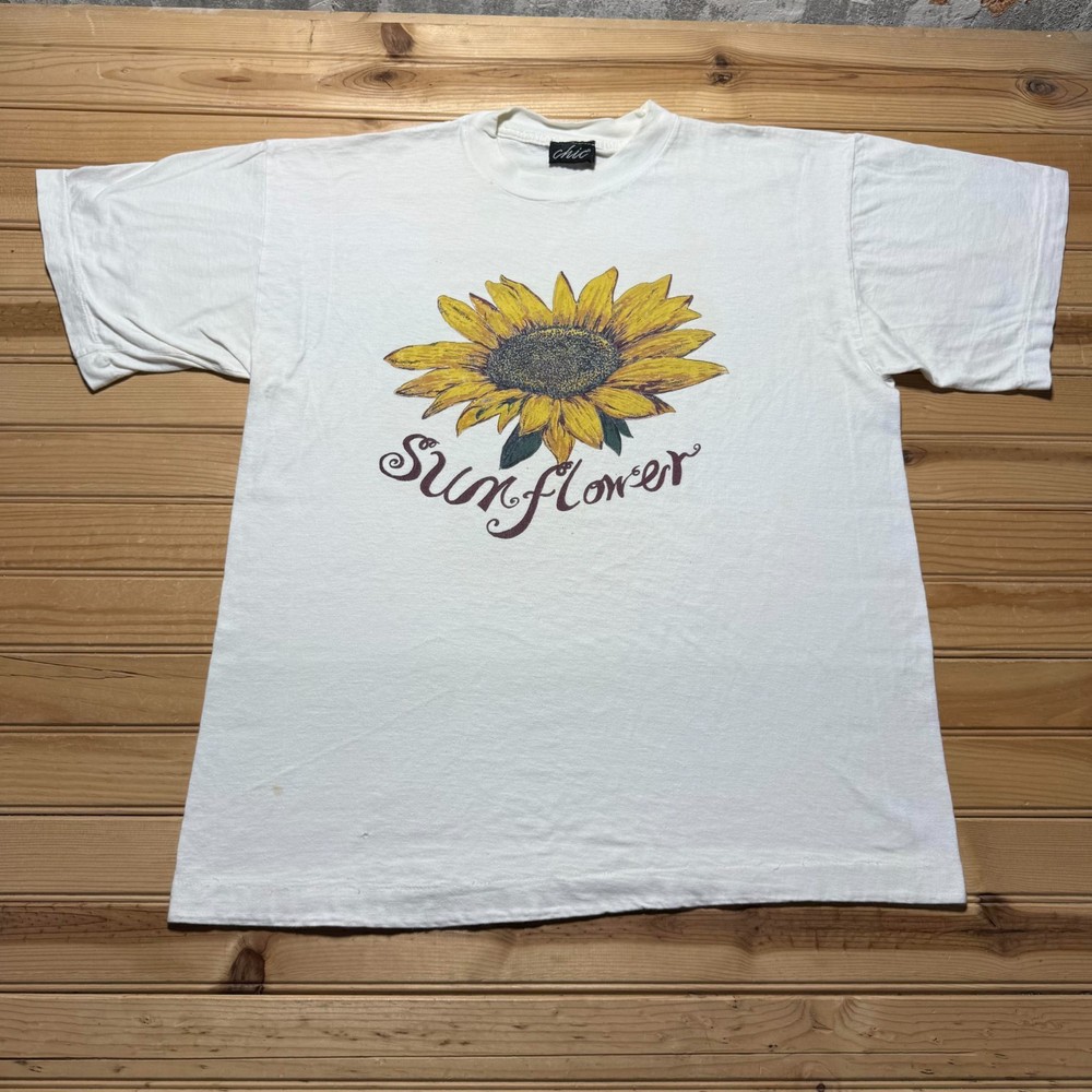 Vintage 90s Sunflower Cursive Script Botanical Floral Graphic T-Shirt Size Large