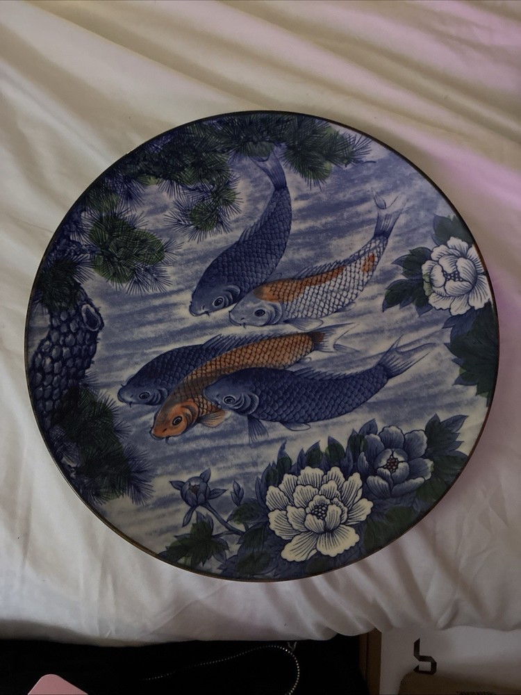 Vintage Japanese Porcelain Koi Fish-Lotus Decorative Plate 12”, Blue White Dish